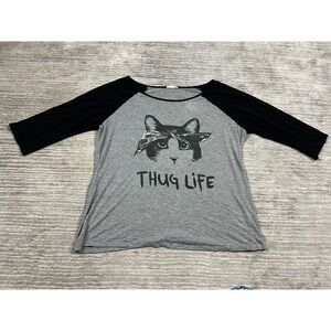Touch Blue Shirt Womens Gray Black Raglan Half Sleeve Thug Life Cat Graphic